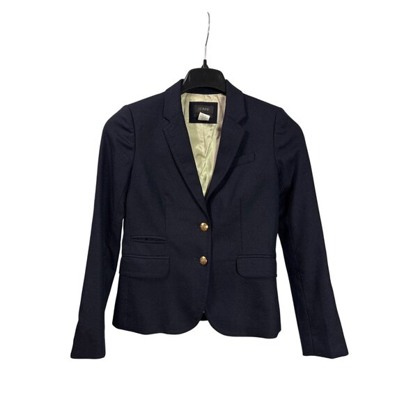 J.Crew Navy Wool Blend Schoolboy Blazer Size 2 Gold Crest Buttons Fully Lined - Picture 1 of 6